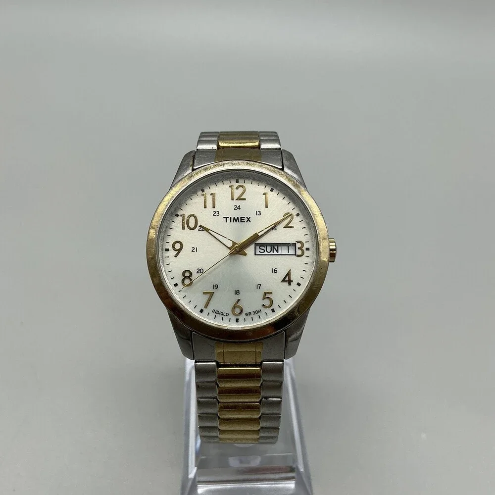 Timex Easy Reader Indiglo Mens Watch 36mm Two Tone Day Date New Battery
